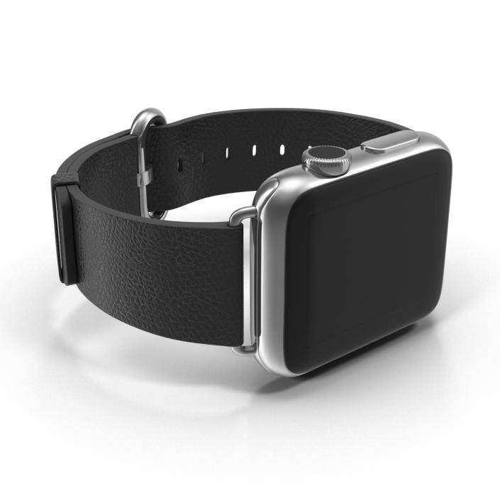 3D Apple Watch 38mm Classic Buckle Black Leather Stainless Steel