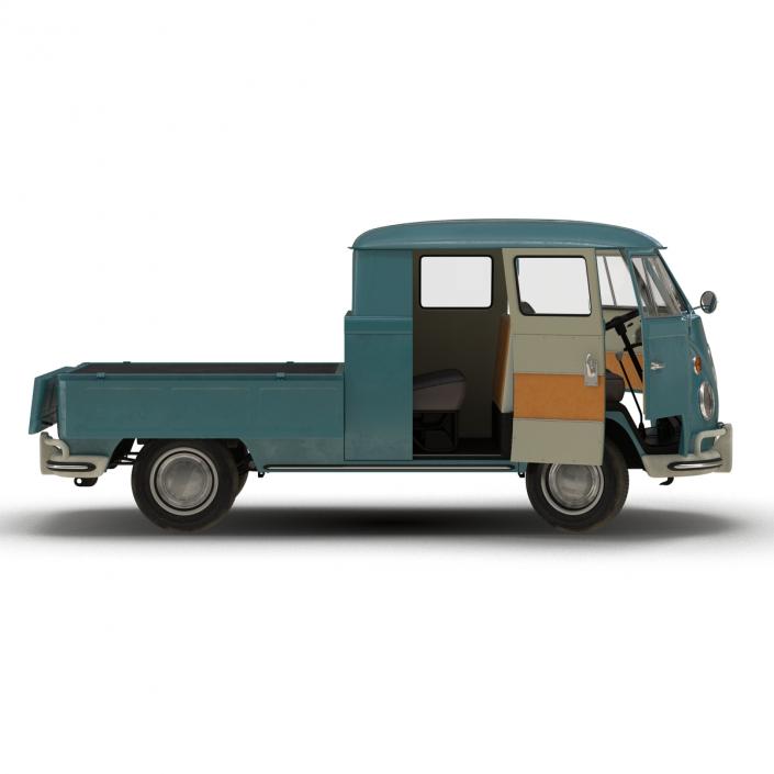 3D Volkswagen Type 2 Double Cab Pick Up Rigged Blue model