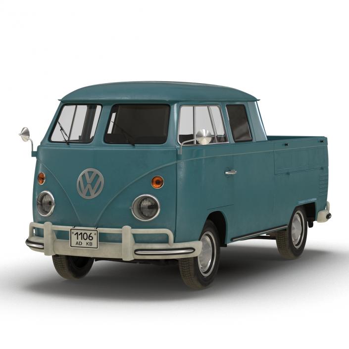 3D Volkswagen Type 2 Double Cab Pick Up Rigged Blue model