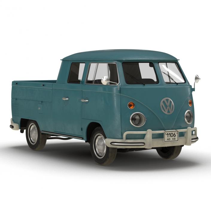 3D Volkswagen Type 2 Double Cab Pick Up Rigged Blue model