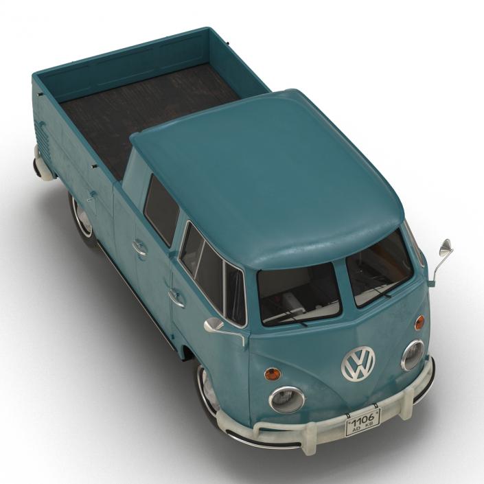 3D Volkswagen Type 2 Double Cab Pick Up Rigged Blue model