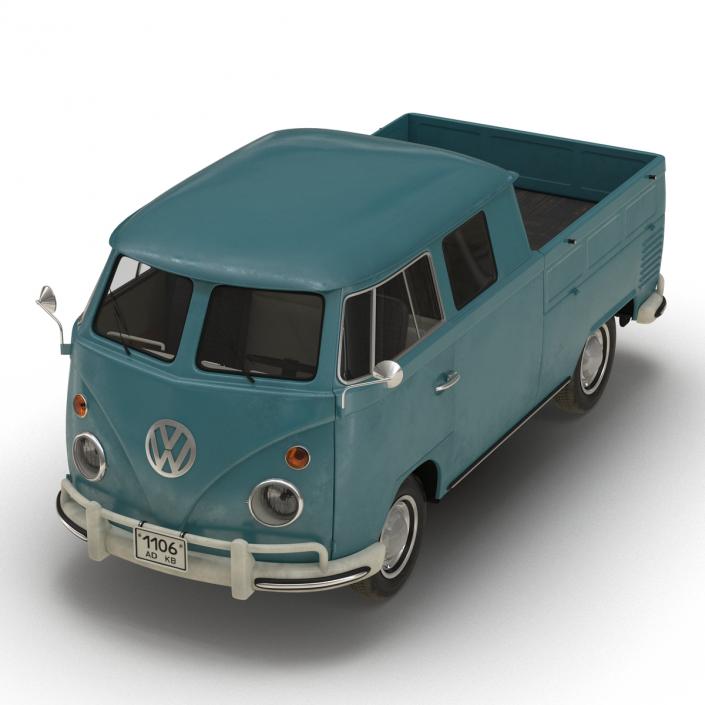 3D Volkswagen Type 2 Double Cab Pick Up Rigged Blue model