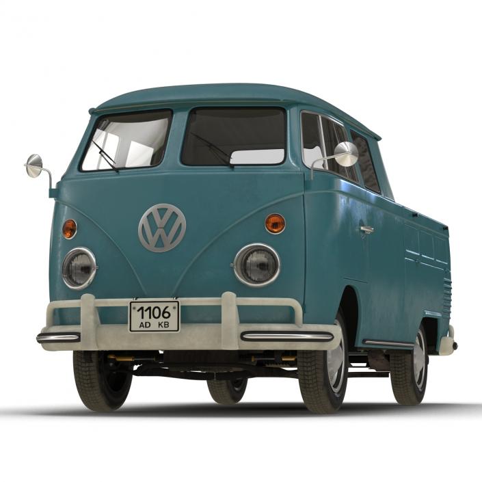 3D Volkswagen Type 2 Double Cab Pick Up Rigged Blue model