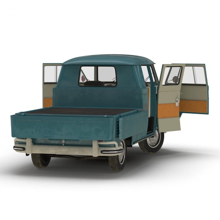 3D Volkswagen Type 2 Double Cab Pick Up Rigged Blue model