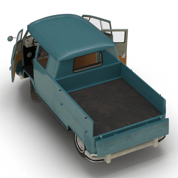 3D Volkswagen Type 2 Double Cab Pick Up Rigged Blue model