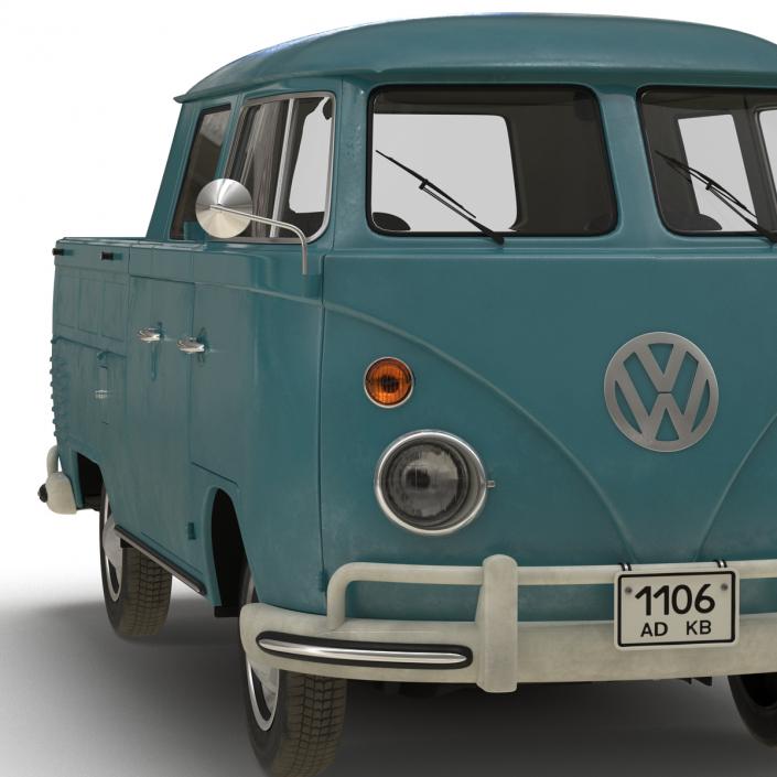 3D Volkswagen Type 2 Double Cab Pick Up Rigged Blue model