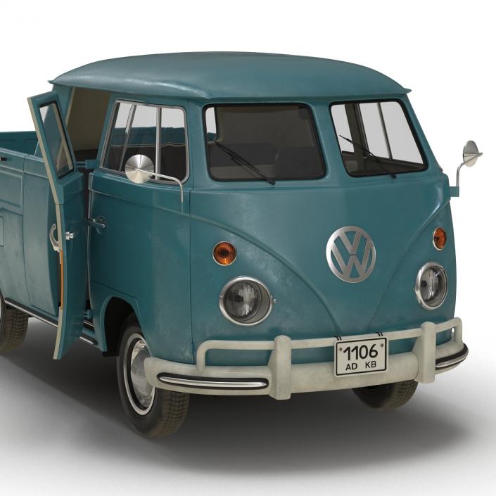 3D Volkswagen Type 2 Double Cab Pick Up Rigged Blue model