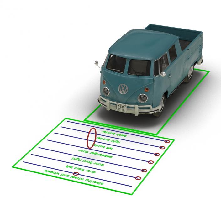 3D Volkswagen Type 2 Double Cab Pick Up Rigged Blue model