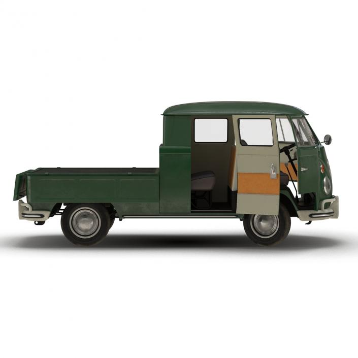 3D Volkswagen Type 2 Double Cab Pick Up Rigged Green 2