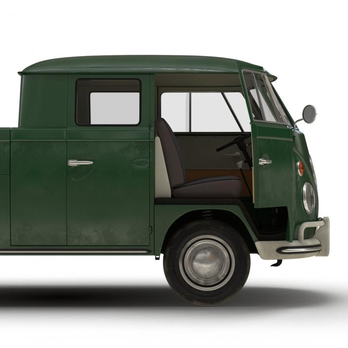 3D Volkswagen Type 2 Double Cab Pick Up Rigged Green 2