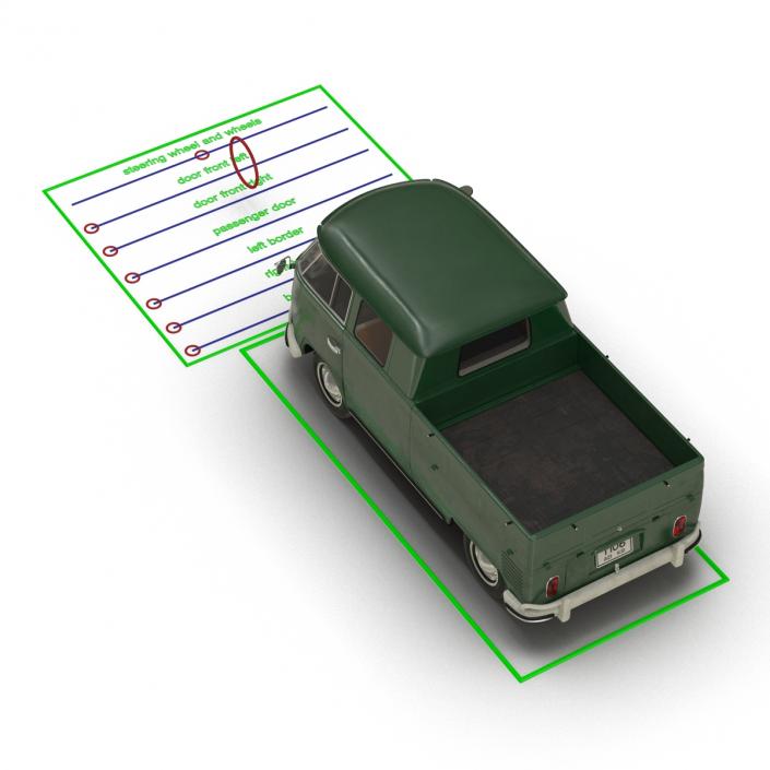 3D Volkswagen Type 2 Double Cab Pick Up Rigged Green 2