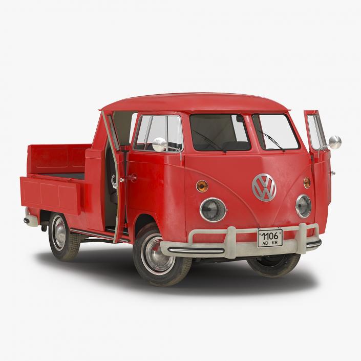 Volkswagen Type 2 Double Cab Pick Up Rigged Red 3D