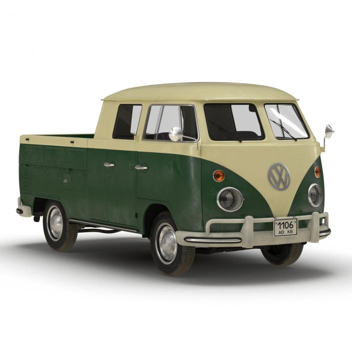 3D Volkswagen Type 2 Double Cab Pick Up Simple Interior Green model