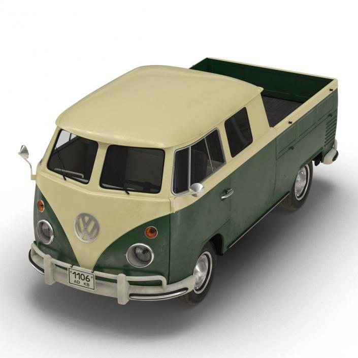 3D Volkswagen Type 2 Double Cab Pick Up Simple Interior Green model