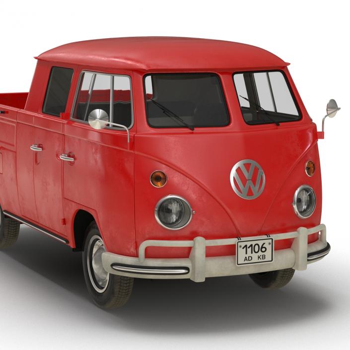 3D Volkswagen Type 2 Double Cab Pick Up Simple Interior Red