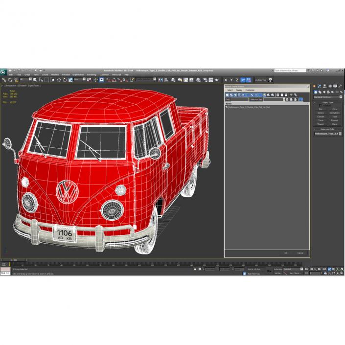 3D Volkswagen Type 2 Double Cab Pick Up Simple Interior Red