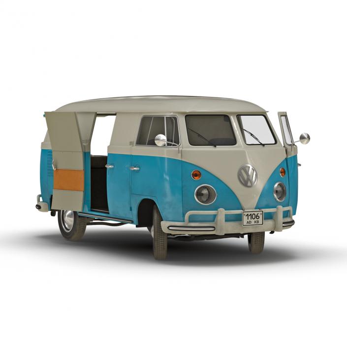 3D Volkswagen Type 2 Panel Van Rigged Blue 2