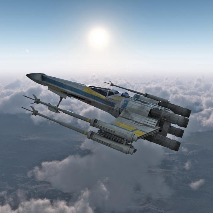 Star Wars X-Wing Starfighter and R2D2 Rigged Blue 3D model