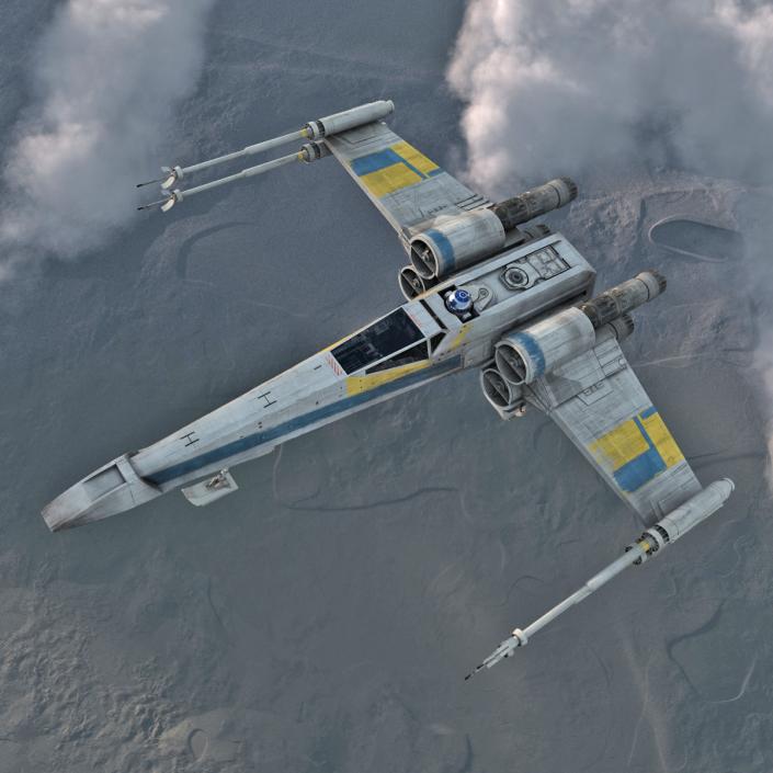 Star Wars X-Wing Starfighter and R2D2 Rigged Blue 3D model