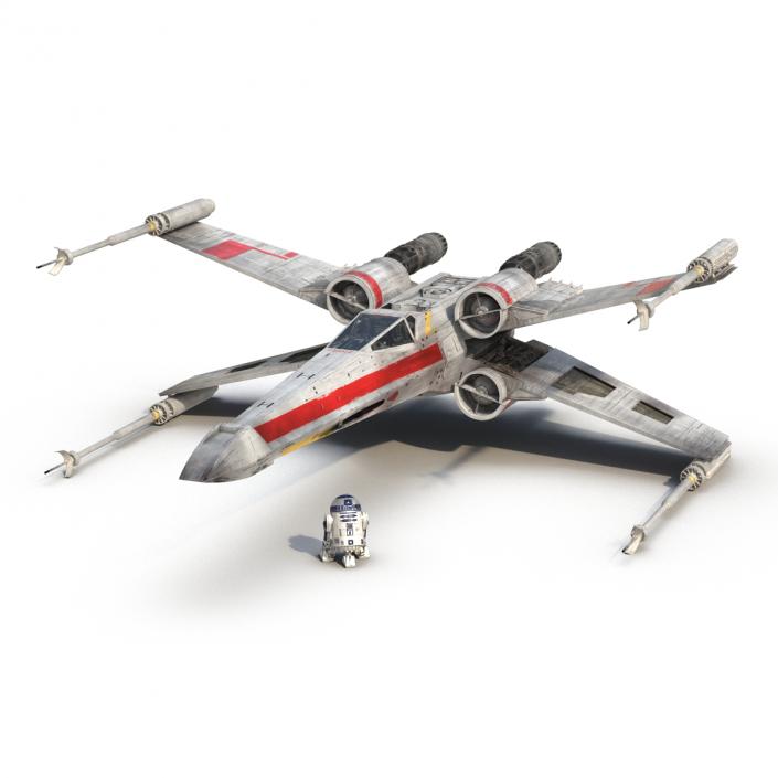 3D Star Wars X-Wing Starfighter and R2D2 Rigged Red model