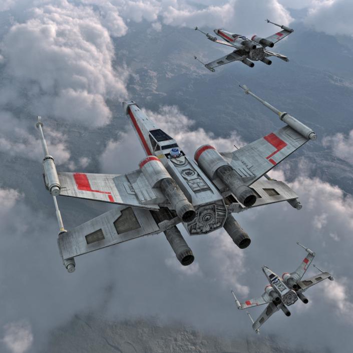 3D Star Wars X-Wing Starfighter and R2D2 Rigged Red model