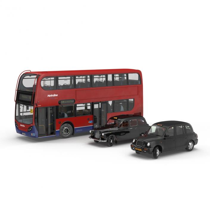 3D London Bus and Taxi Rigged Vehicle Set model