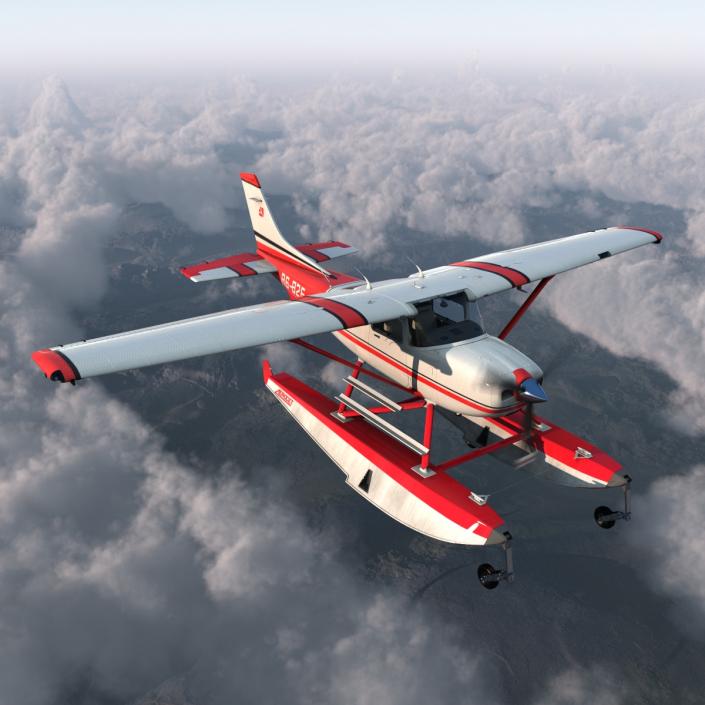 Cessna 182 Skylane on Floats Rigged Red 3D model