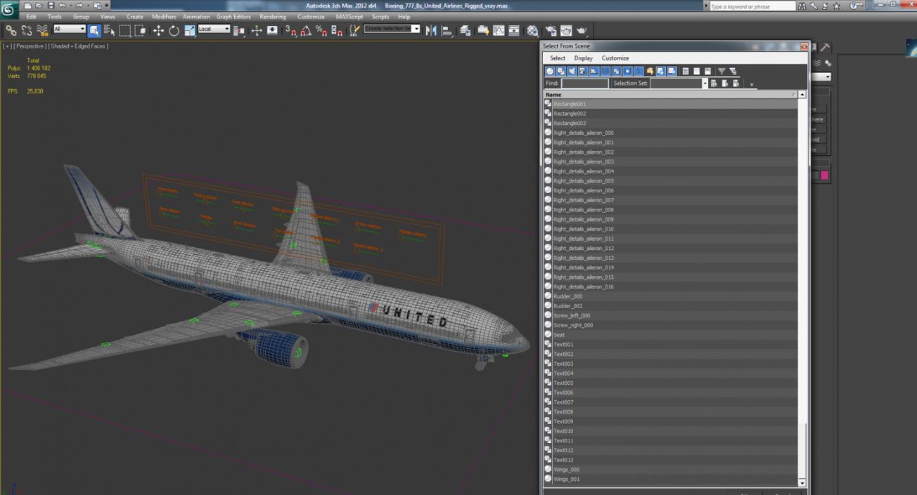 3D Boeing 777-8x United Airlines Rigged