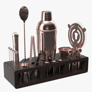 Copper Bar Kit with Wooden Stand 21 Pieces 3D