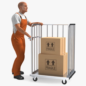 Worker with Trolley Platform High Railing Cardboard Boxes Rigged Fur for Cinema 4D 3D
