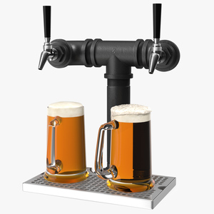 Black Iron Pipe Beer Tower Double Tap with Beer Mugs 3D