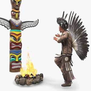 3D Native American Indian and Totem with Campfire