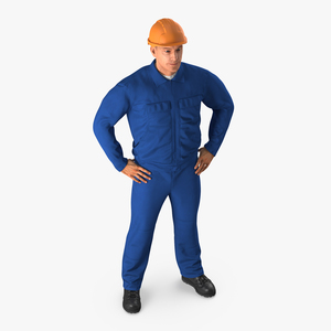 3D model Construction Worker Blue Overalls with Hardhat Standing Pose