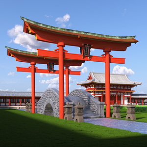 3D Torii Gate with Bridge and Stone Lanterns