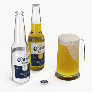 Frothy Beer in Glass Mug with Corona Bottles 3D model