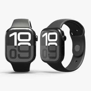 3D model Apple Watch Series 10 Black with Rubber Strap and Display On