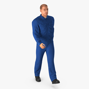 3D Worker In Blue Overalls Walking Pose