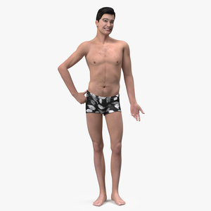 Asian Man Underwear Smiling 3D