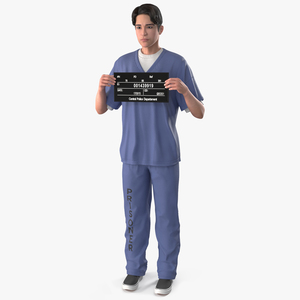 3D model Asian Prisoner Blue Uniform with Mugshot Sign