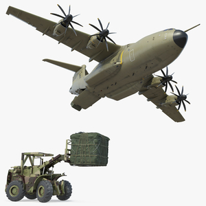 Forklift Loads Cargo to the Airbus Atlas Military Transport Green Rigged 3D