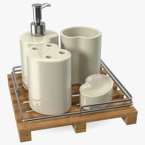 Bathroom Accessory Set Wooden Rack 3D model