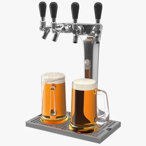 3D model Four Tap Stainless Steel Beer Tower with Beer Mugs