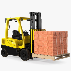 3D Forklift Toyota with Red Bricks Stacked on Wooden Pallet