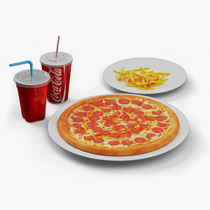 Pepperoni Pizza with Fries and Beverage 3D model