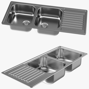 3D Double Bowl Stainless Steel Sink with Drainboard model