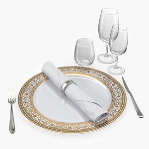 3D Empty Plate Glasses And Silverware Set model