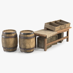 Historical Market Stand with Barrels and Crates 3D
