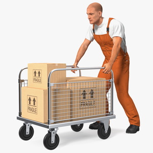 3D model Worker with Platform Trolley Two Railing Cardboard Boxes Fur