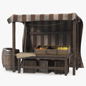 3D Medieval Food Market Stall with Striped Awning