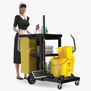 3D Housekeeping Maid With Multi Shelf Cleaning Cart Rigged Fur for Cinema 4D model